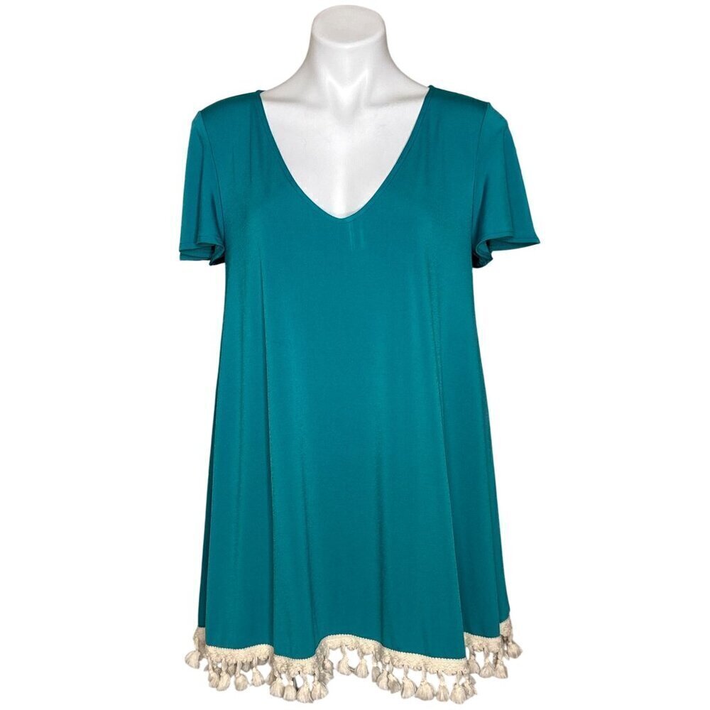 Judith March Green Tassel Mini Dress/Tunic, Short Sleeves Women's Size M